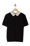 Adrianna Papell Hammered Satin Collar Short Sleeve Sweater In Black W/ Ivory/black Micro Dot