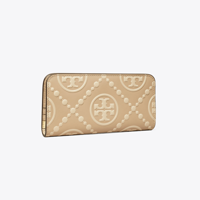 Tory Burch T Monogram Contrast Embossed Zip Slim Wallet In Longan