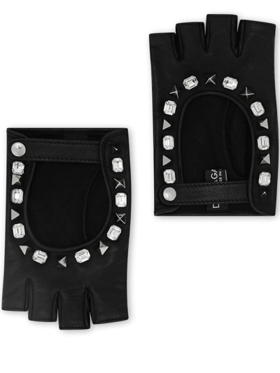 Dolce & Gabbana Embellished Fingerless Leather Gloves In Nero