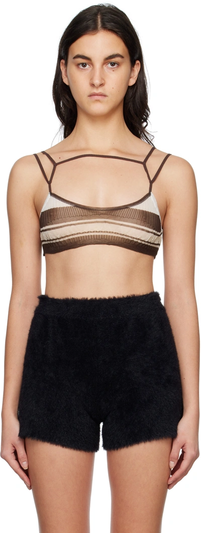 Jacquemus Sognu Striped Ribbed Jersey Cropped Top In Brown
