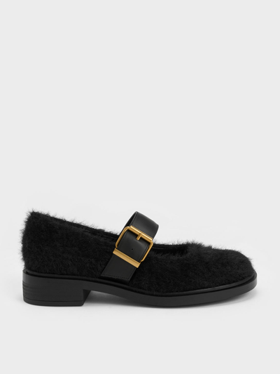 Charles & Keith Leather Furry Mary Janes In Black