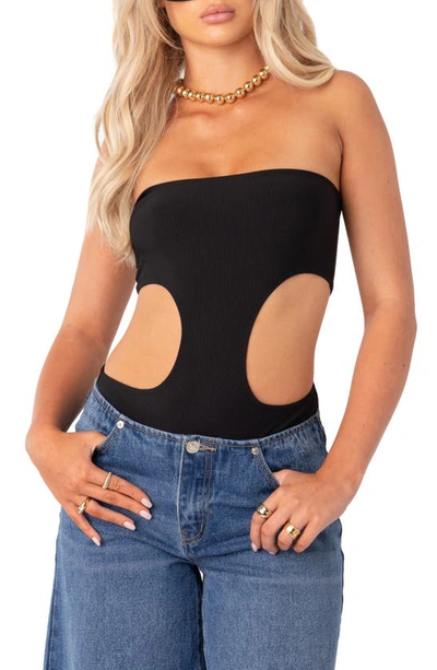 Edikted Vivie Cutout Rib Strapless Bodysuit In Black