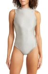 Skims Disco Mock Neck Sleeveless Thong Bodysuit In Silver