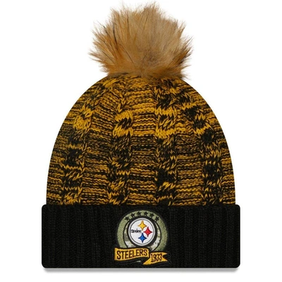 New Era Women's  Black, Yellow Pittsburgh Steelers 2022 Salute To Service Pom Knit Hat In Black,yellow