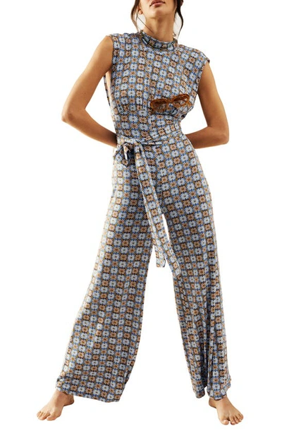 Free People Vibe Check Tie Waist Jumpsuit In Blue Combo