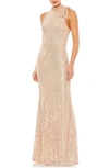 Mac Duggal High Neck Sequin Sheath Gown In Rose Gold