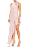 Ieena For Mac Duggal Halter Neck Ruffle Hem Asymmetric Satin Gown In Rose