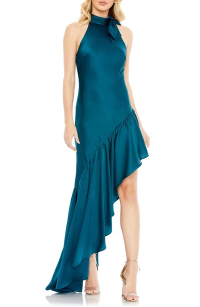 Mac Duggal Halter Neck Ruffle Hem Asymmetric Satin Gown In Teal
