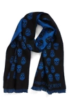 Alexander Mcqueen Skull Wool Reversible Scarf In Black / Blue
