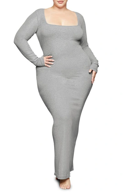 Skims Lounge Ribbed Long Sleeve Maxi Dress In Heather Gray Foil