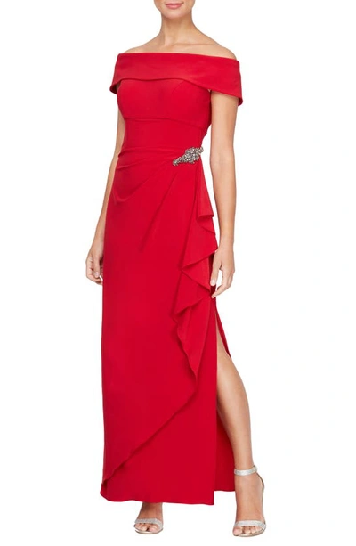 Alex Evenings Off The Shoulder Embellished Column Gown In Red