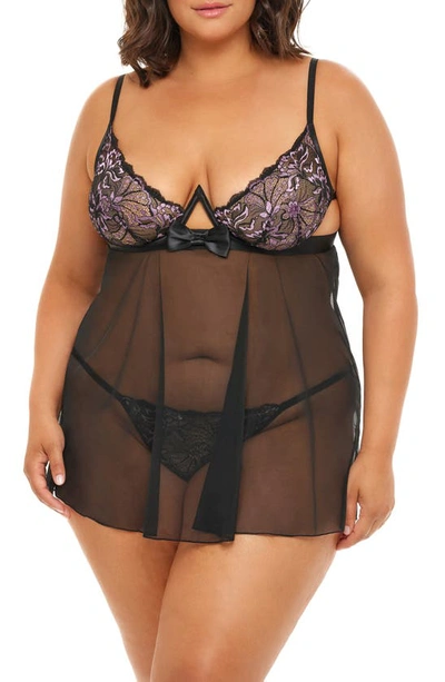 Oh La La Cheri Riley Babydoll Chemise With G-string Thong In Black,pink Tulle