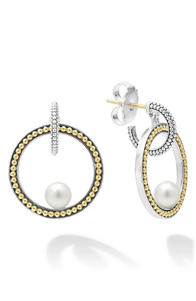 Lagos 18k Yellow Gold & Sterling Silver Luna Cultured Freshwater Pearl Interlocking Drop Hoop Earrings In Silver/gold