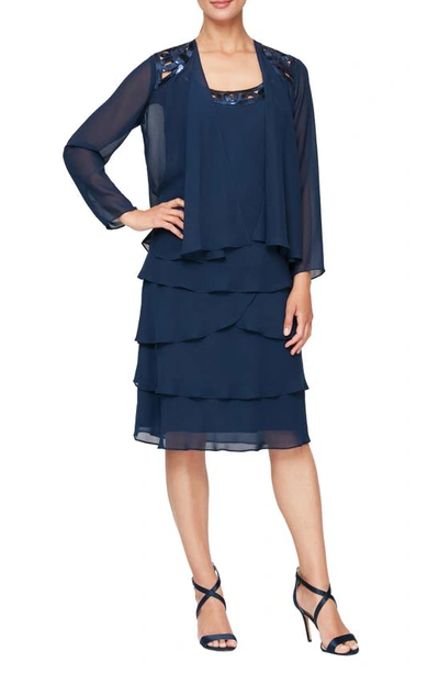 Slny 3/4 Sleeve Sequin Dress & Jacket Set In Deep Navy