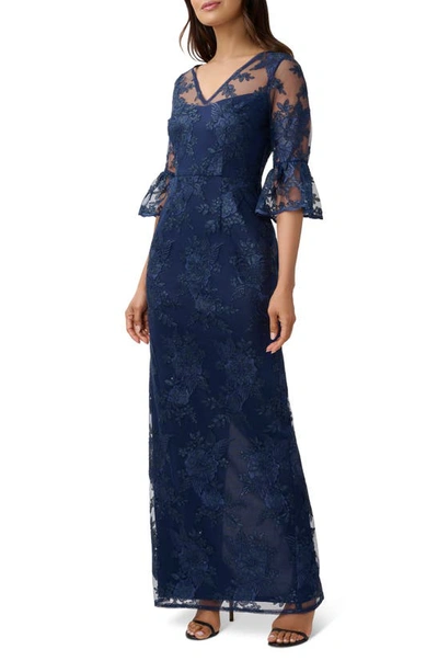 Adrianna Papell Sequin Floral Embroidered Gown In Navy