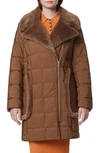 Andrew Marc Astor Quilted Faux Shearling Trim Coat In Sepia