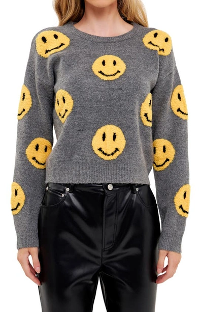 Grey Lab Chenille Smiley Face Sweater In Heather Grey
