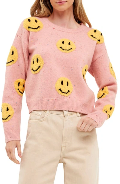 Grey Lab Chenille Smiley Face Sweater In Pink