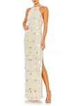 MAC DUGGAL CRYSTAL EMBELLISHED SEQUIN CASCADE TULLE COLUMN GOWN