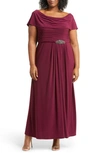 Alex Evenings Cowl Neck Beaded Waist Gown In Merlot