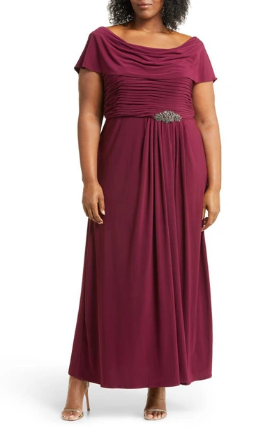 Alex Evenings Cowl Neck Beaded Waist Gown In Merlot