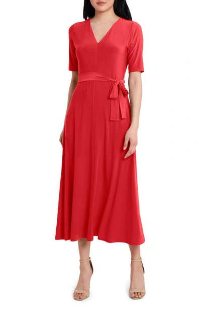 Chaus V-neck Belted Midi Dress In Red