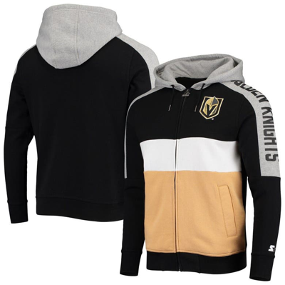 Starter Men's Black, Gold-tone New Orleans Saints Playoffs Color Block Full-zip Hoodie In Black,gold-tone