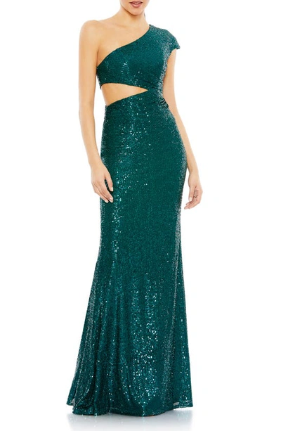 Mac Duggal Sequined One Shoulder Cap Sleeve Cut Out Gown In Teal