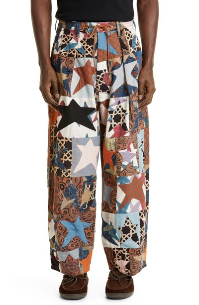 Story Mfg. Star Patchwork Tapered Organic Cotton Drawstring Pants In Brown