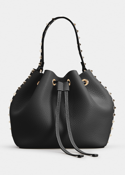 Valentino Garavani Rockstud Drawstring Leather Bucket Bag In Nero