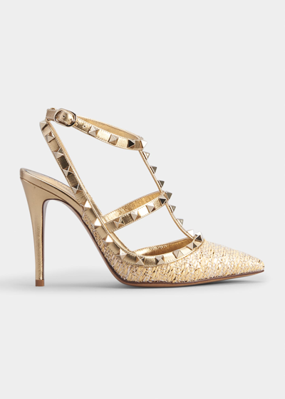 Valentino Garavani Rockstud Metallic Raffia T-strap Pumps In Gold