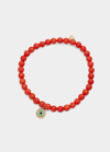 SYDNEY EVAN TURQUOISE ENAMEL AND PAVE EVIL EYE CHARM ON PEACH CORAL BEAD BRACELET