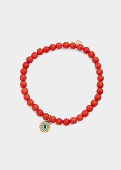 Sydney Evan Turquoise Enamel And Pave Evil Eye Charm On Peach Coral Bead Bracelet In Orange