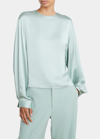 Vince Pleated-cuff Crewneck Silk Blouse In Mint Glass