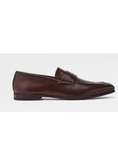 Zegna Leather Almond Toe Loafers In Brown