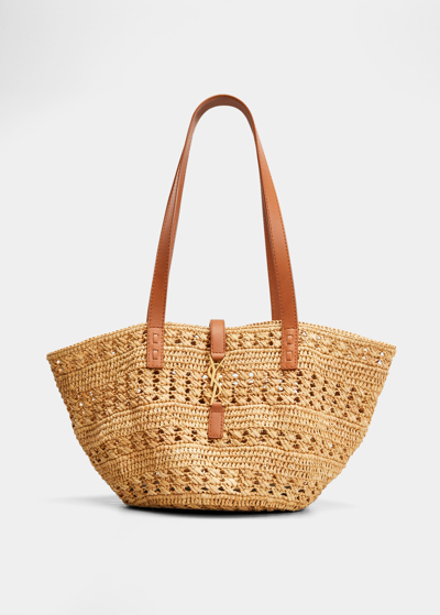 Saint Laurent Ysl Small Basket Raffia Tote Bag In Natural/multi