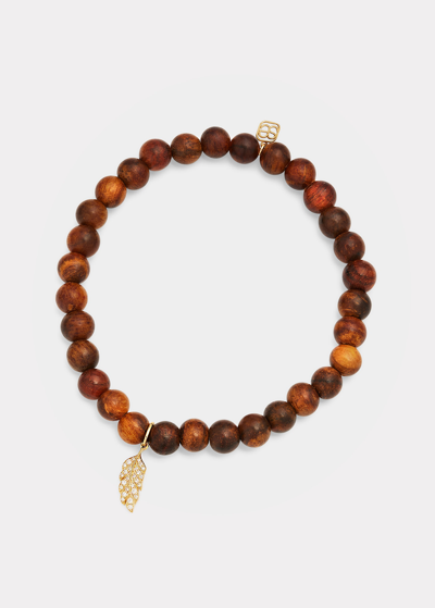 Sydney Evan Nanmu Wood Bead Bracelet With Tiny Feather Charm In 14k Gold In Brown
