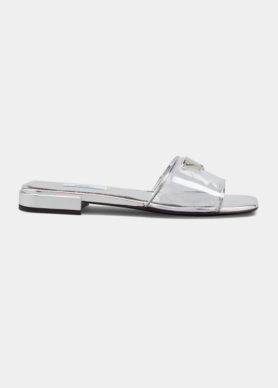 Prada Ciabatte Clear Flat Sandals In Argento ModeSens