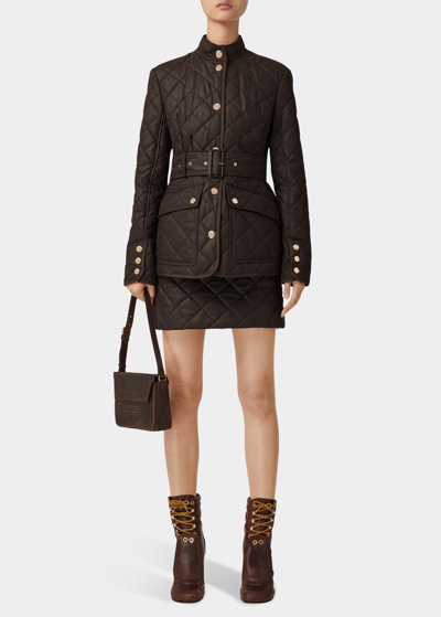 Burberry Pett Wax Quilted Jacket With Belt In Dark Brown