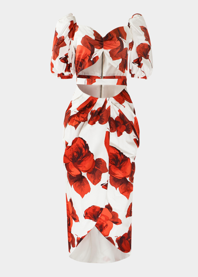 Autumn Adeigbo Floral Cut-out Puff Sleeve Midi Dress In Red/wht Floral