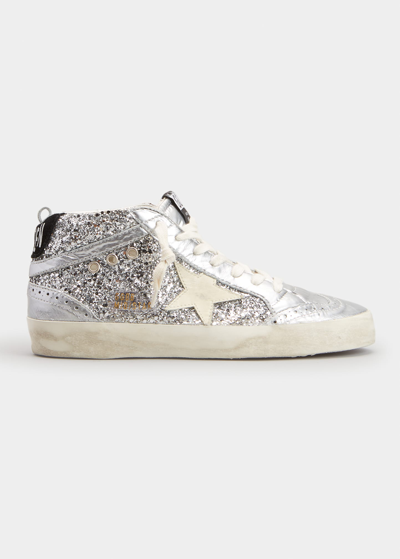 Golden Goose Mid Star Glitter Wing-tip Sneakers In Silver