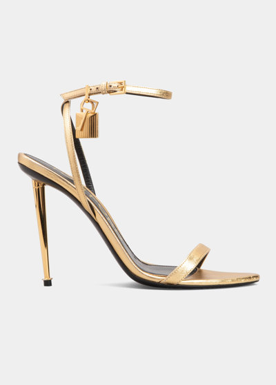 Tom Ford Lock Metallic Stiletto Sandals In Silver