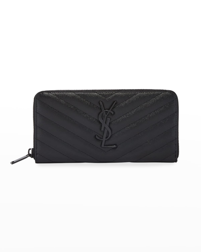 Saint Laurent Ysl Monogram Large Zip Wallet In Grained Leather In Black