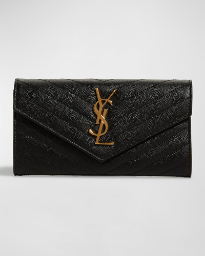 Saint Laurent Ysl Monogram Large Flap Wallet In Grained Leather In Black
