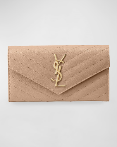 Saint Laurent Ysl Monogram Large Flap Wallet In Grained Leather In Dark Beige