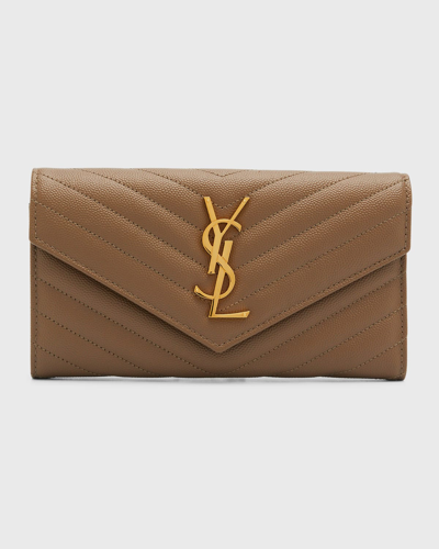 Saint Laurent Large Ysl Grain De Poudre Leather Flap Wallet In Taupe