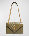 Saint Laurent Medium Tri-quilted Matelasse Grain De Poudre Flap Shoulder Bag, Golden Hardware In Kaki