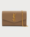 Saint Laurent Uptown Pebbled Calfskin Leather Wallet On A Chain In Taupe