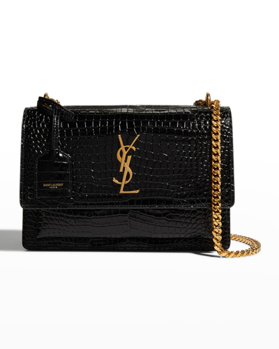 Saint Laurent Sunset Medium Croc-embossed Crossbody Bag In Nero