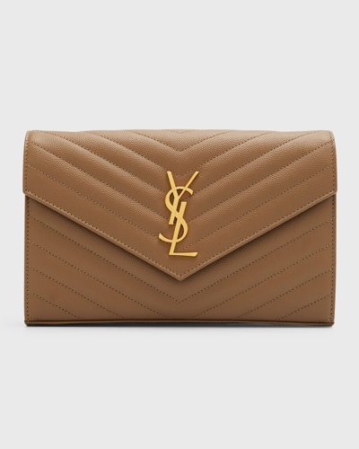 Saint Laurent Monogramme Large Grain De Poudre Wallet On Chain In Taupe